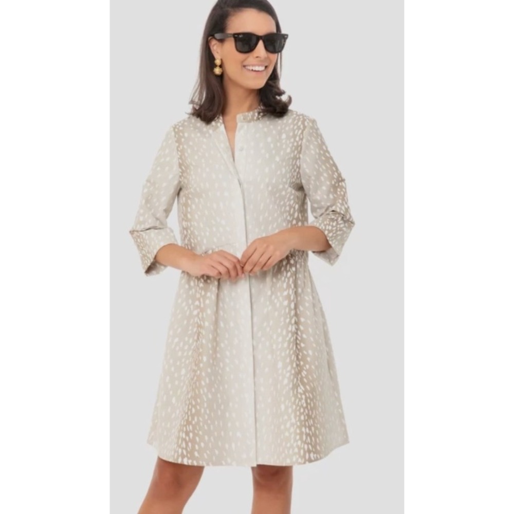 Tuckernuck Women Fawn Print Button Front Dress Tan White S Drop Waist Pockets